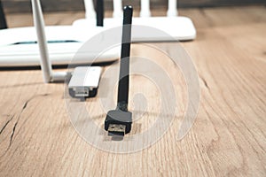 Different types of Wi-Fi routers, modern and old technology. Wireless ethernet connection signal. USB Wifi Receiver Wireless