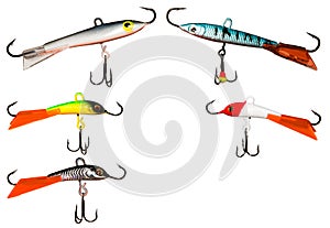 Different types of winter lures balancers for predatory fish.