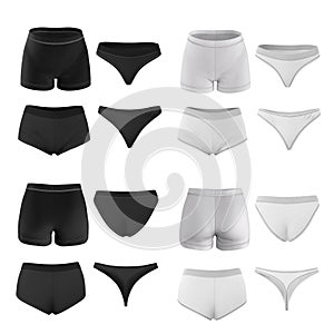 Different types of women\'s panties. Black and white underwear. 3d rendering mockup. Bikini, tanga, shorts, briefs.
