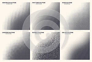 Different Variations Halftone Textures Set Vector Curved Geometric Patterns