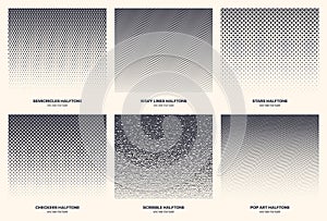 Different Variations New Halftone Gradient Vector Patterns Set Isolated On White