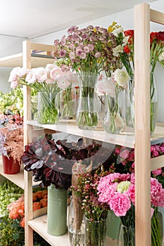 Different varieties. Fresh spring flowers in refrigerator for flowers in flower shop. Bouquets on shelf, florist