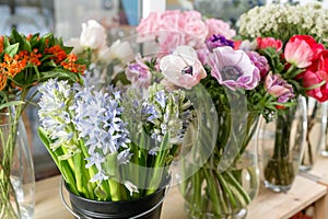 Different varieties. Fresh spring flowers in refrigerator for flowers in flower shop. Bouquets on shelf, florist