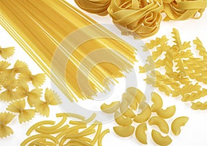 Different Varieties of Pasta : Spaghettis, Pasta shells, Macaronis, Tagliatelles, Twisted pasta