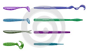 Different varieties of soft plastic baits.