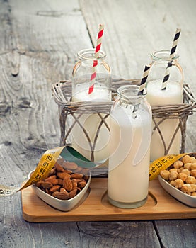 Different vegan milks on a table