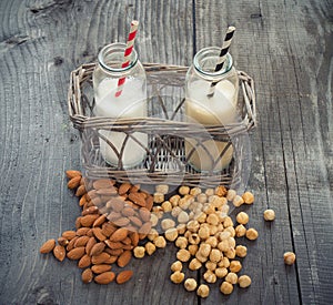 Different vegan milks on a table