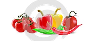 Different vegetables, Chilly peper and tomato icons. Vector vegetable banner.