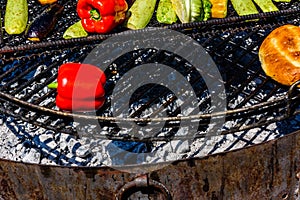 Different vegetables cooking on a grill at country fair