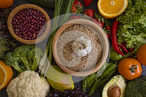 Different vegetables, fruits, cereals breakfast the old background