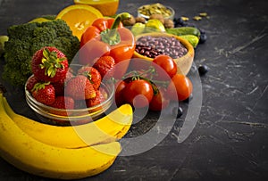 Different vegetables and fruits  cooking  veges food  productÐ¼   green various lifestyle agriculture on an old background