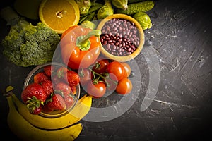 Different vegetables and fruits  diet  veges food  productÐ¼   green various lifestyle agriculture on an old background