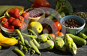 Different vegetables and fruits veges food   green various lifestyle agriculture on an old background