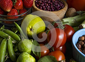 Different vegetables and fruits veges lifestyle agriculture on an old background