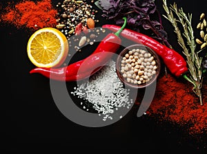 Different vegetables and specious on a black background, top view.