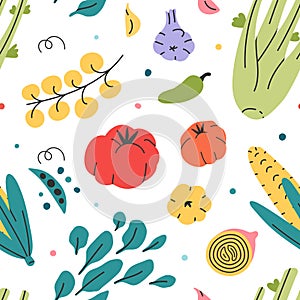 Different veggies seamless vector pattern of hand drawn fresh tasty vegetarian raw food. Repeat wallpaper with cooking fresh tasty