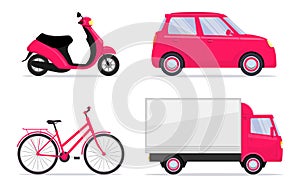 Different vehicles, set. Car, bike, bicycle, scooter, moped, truck. Transport icons. Vector illustration in flat style.