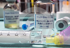 Different vials of triple viral vaccine of measles, rubella and mumps, known as MMR