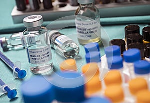 Different vials of triple viral vaccine of measles, rubella and mumps, known as MMR