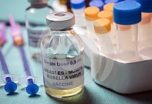 Different vials of triple viral vaccine of measles, rubella and mumps, known as MMR