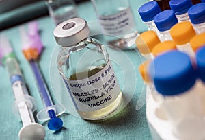 Different vials of triple viral vaccine of measles, rubella and mumps, known as MMR