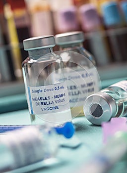 Different vials of triple viral vaccine of measles, rubella and mumps, known as MMR photo