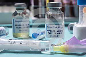 Different vials of triple viral vaccine of measles, rubella and mumps, known as MMR photo