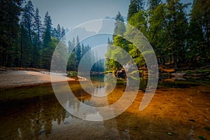 Different view of Merced River with trees at Yosemite National Park