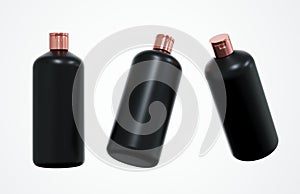 Different views of black plastic shampoo bottle 3D render isolated on white background, cosmetic hair care product