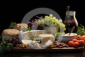 Different views of different cips, cheese and fresh grapes in the white