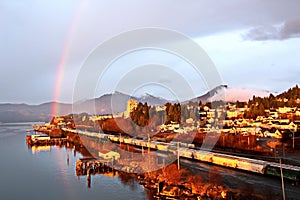 Different views of the city and sea bay in the afternoon and evening. City Prince Rupert BC. Canada.