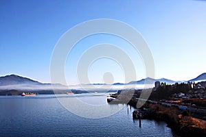 Different views of the city and sea bay in the afternoon and evening. City Prince Rupert BC. Canada.