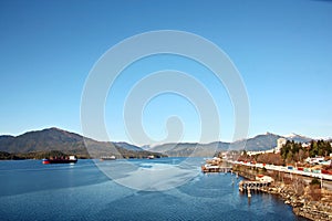 Different views of the city and sea bay in the afternoon and evening. City Prince Rupert BC. Canada.