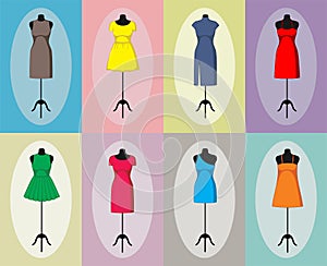 Different vintage dresses on a mannequin. Vector