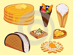 Different wafer cookies waffle cakes pastry cookie biscuit delicious snack cream dessert crispy bakery food vector