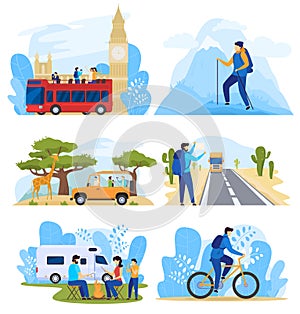 Different ways of traveling, people on active vacation, set of vector illustrations