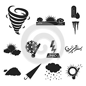 Different weather black icons in set collection for design.Signs and characteristics of the weather vector symbol stock