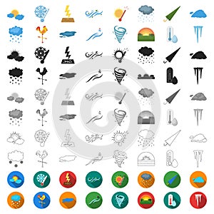 Different weather cartoon icons in set collection for design.Signs and characteristics of the weather vector symbol