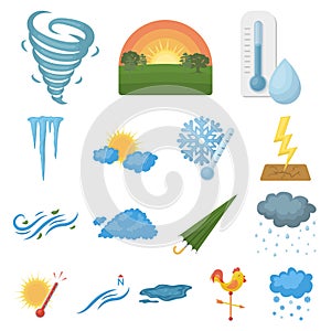 Different weather cartoon icons in set collection for design.Signs and characteristics of the weather vector symbol