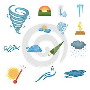 Different weather cartoon icons in set collection for design.Signs and characteristics of the weather vector symbol