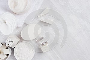 Different white spa products set for body and skin care as elegance pure white cosmetic background, copy space.