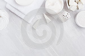 Different white spa products set for body and skin care as elegance pure white cosmetic background, copy space.