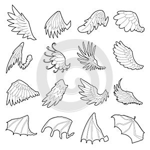 Different wings icons set, outline style