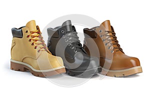 Different winter boots on a white background. Shoe shop or marketing concept.