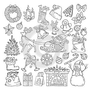 Different winter holidays objects. Christmas party icons collection. Vintage illustration set in hand drawn style