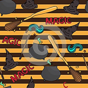 Different witch equipment. Seamless pattern