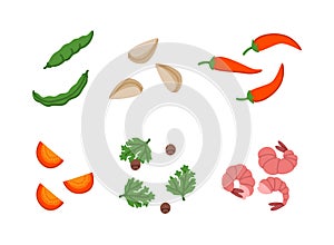 Different Wok Asian Food Ingredient Vector Illustration Set