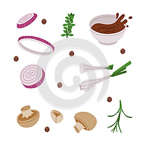 Different Wok Asian Food Ingredient Vector Illustration Set