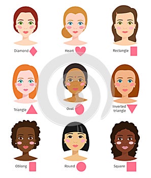 Different woman face types shapes female head vector