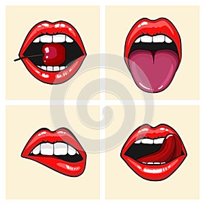Different women's lips vector icon set isolated from background. Red lips close up girls. Shape sending a kiss, kissing